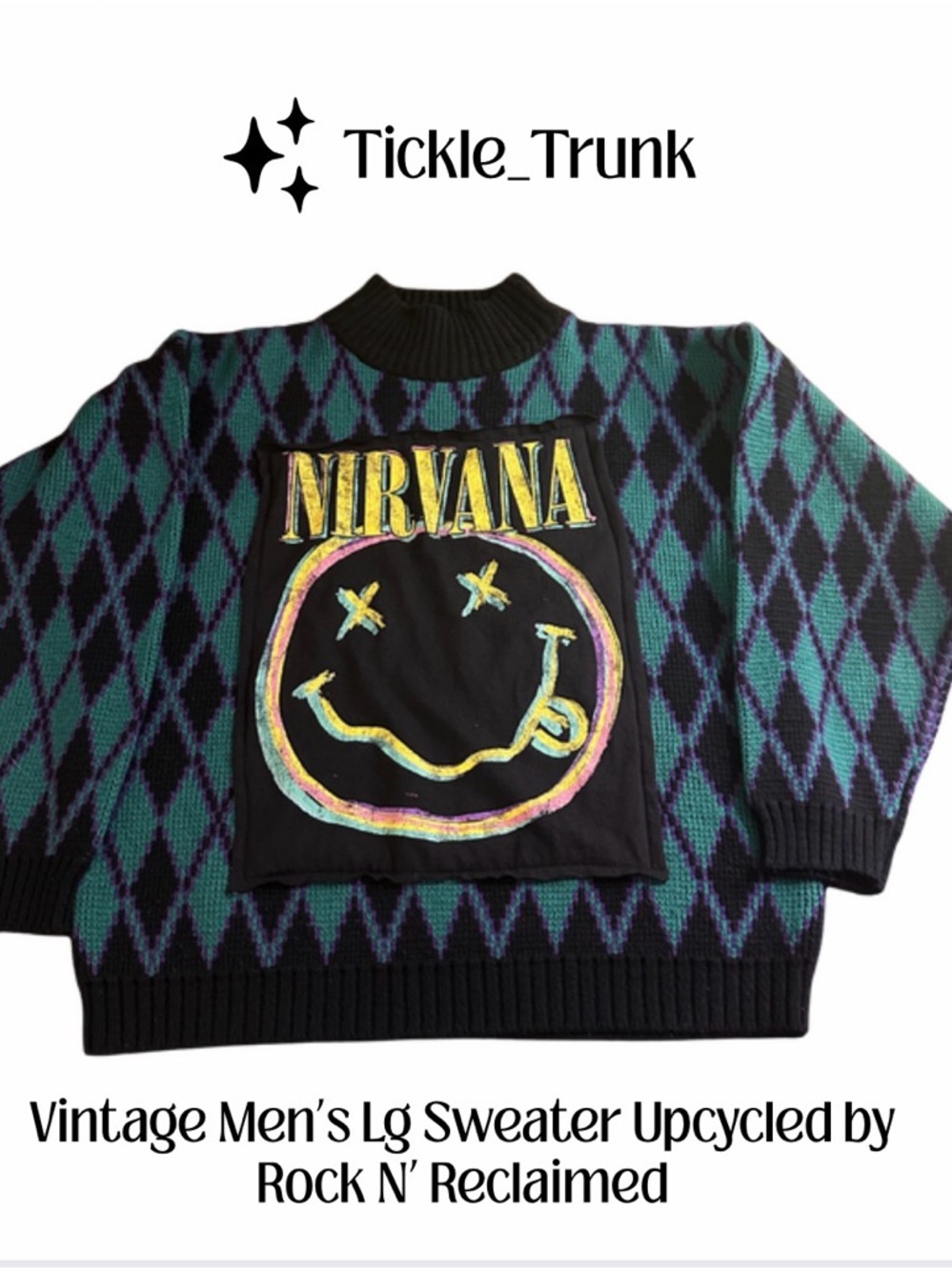 Nirvana Graphic Tee Upcycled on Vintage Argyle Sweater